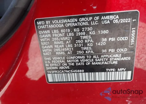 2022 Volkswagen Atlas 3.6L V6 Sel Premium R-Line из США, поврежденный, VIN 1V2FR2CA7NC545889